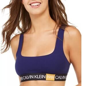 Calvin Klein Women's 1981 Bold Logo Unlined Bralette QF5577 Navy Blue Size Small